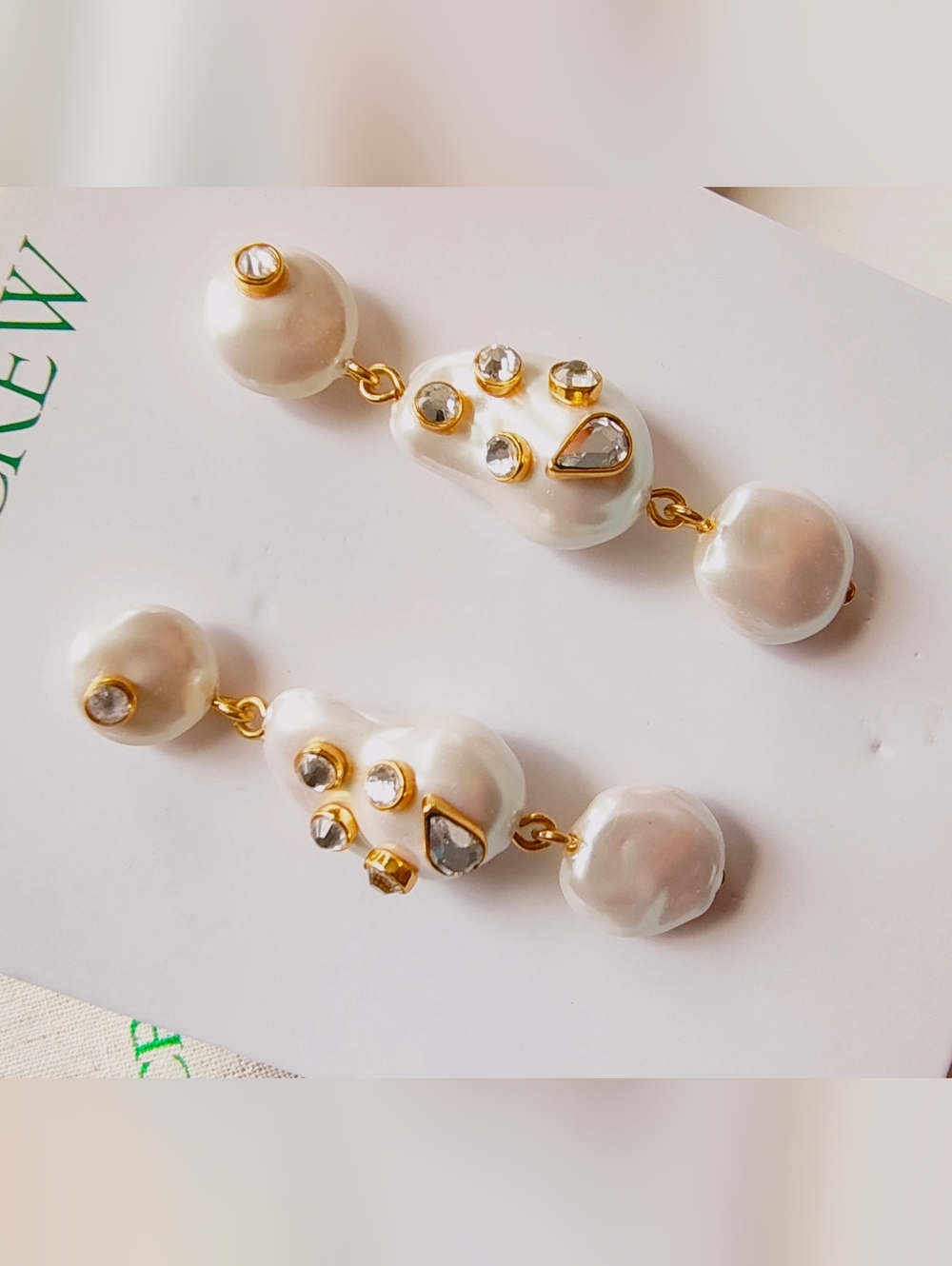 NWT J.Crew White Pearl Drop Earrings with Gold and Crystal Accents